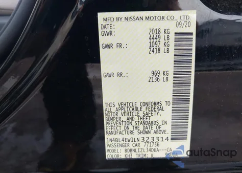 2020 Nissan Altima Sl Intelligent Awd z USA, uszkodzony, nr VIN 1N4BL4EW1LN323314